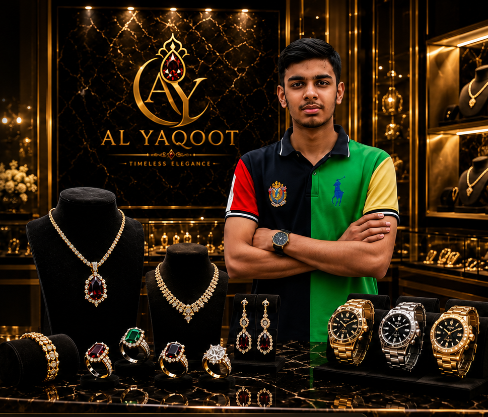 A promotional banner for Al Yaqoot Luxury Diamonds, featuring a male model in a green and red polo shirt standing next to a display of gold jewelry, including necklaces, rings, and watches. The background is a luxurious dark gold shop interior with Al Yaqoot branding.